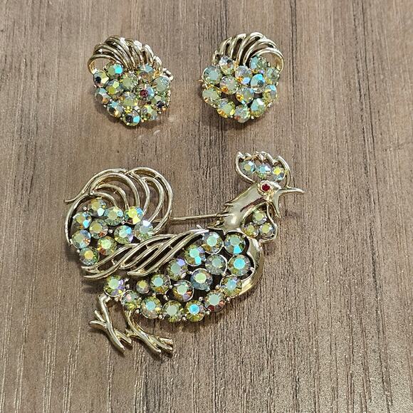 Vintage Coro AB Rooster Gold Brooch with Matching Clip on Earrings